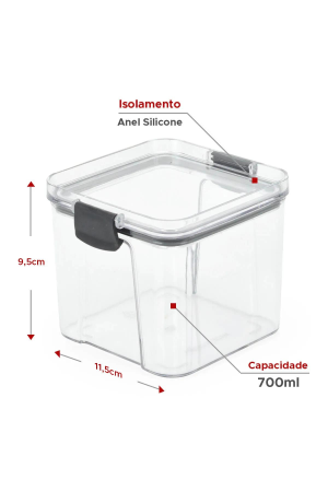 Pote Hermético Quadrado Transparente Com Trava - Preta 700ml