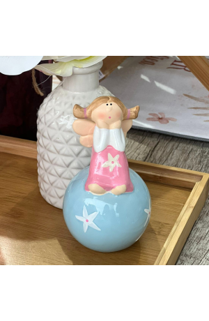 Enfeite de Resina - Anjinha Vestido Rosa Bola Azul