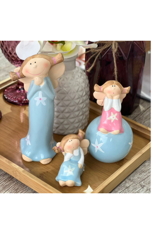 Enfeite de Resina - Anjinha Vestido Rosa Bola Azul