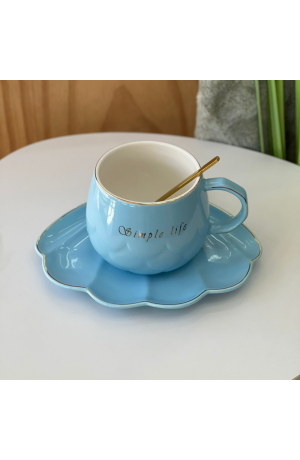 Xicara de Cerâmica Azul ''Simple Life'' com Pires + Colher