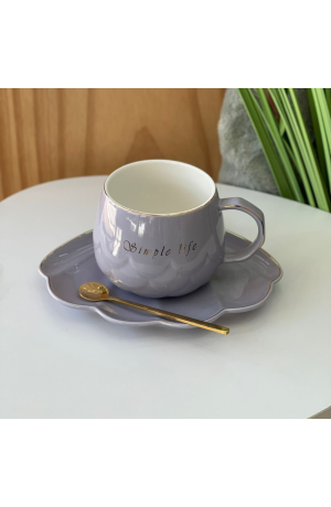 Xicara de Cerâmica Lilás ''Simple Life'' com Pires + Colher