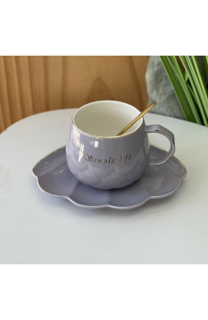 Xicara de Cerâmica Lilás ''Simple Life'' com Pires + Colher