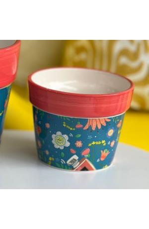 Vaso Decorativo  de Porcelana Vermelho e Azul - Flores  (P)