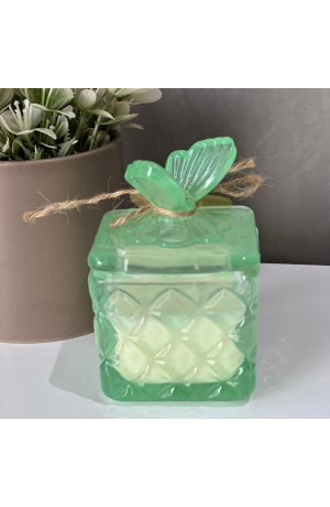 Vela Aromática com Castiçal Verde e Tampa com Borboleta
