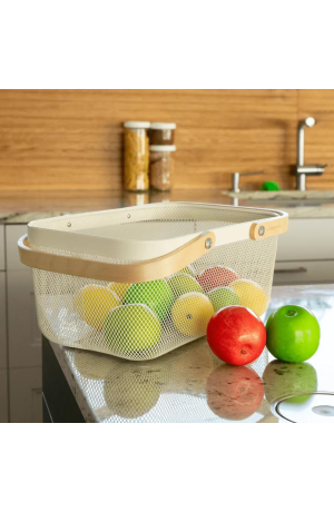 Cesta /Fruteira Branca de Metal com Alça de Madeira - (G)