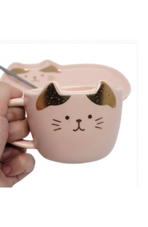 Xicara de Cerâmica  Rosa com Pires + Colher 