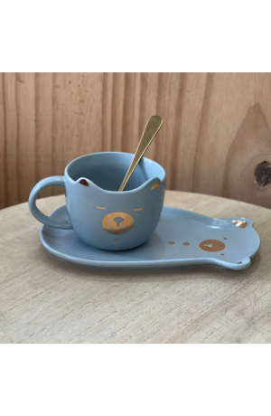 Xicara de Cerâmica Cinza ''Ursinho'' com  Pires em formato de urso polar  + Colher de Metal - 220ml