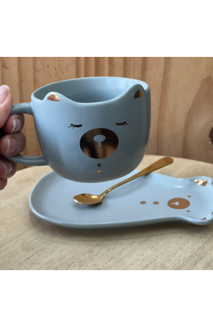 Xicara de Cerâmica Cinza ''Ursinho'' com  Pires em formato de urso polar  + Colher de Metal - 220ml