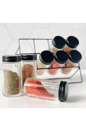 Kit Porta Temperos com 8 potes de vidro e Suporte de Metal