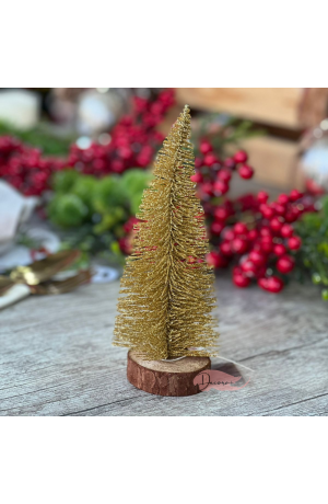 Mini Pinheiro Dourada com Base de Madeira 20cm