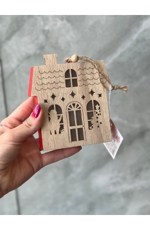 Enfeite Casinha de Natal com Luz de Madeira  - 11,7cm X 10,5cm X 3cm