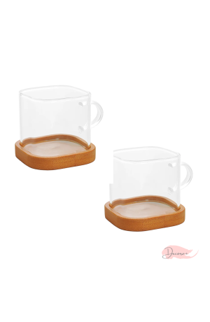 Kit com 2 Canecas Quadradas de Vidro Borossilicato com Pires de Bambu 130ml