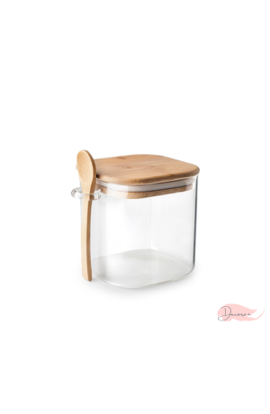 Pote de Vidro com Tampa e Colher de Bambu Quadrado - 450ml