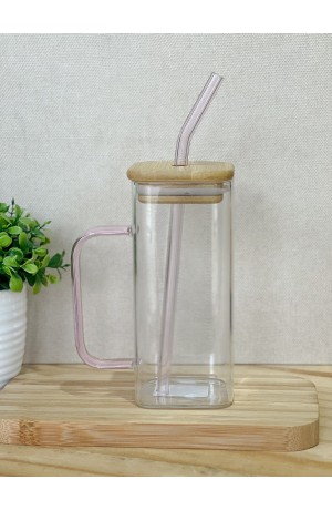 Caneca de Vidro c\ Canudo e Tampa de Bambu 400ml Rosa
