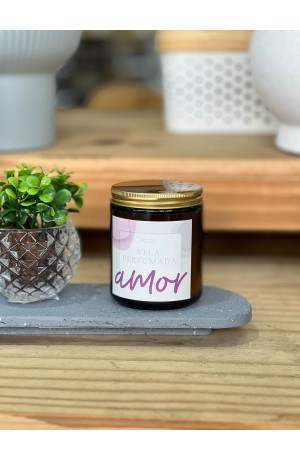 Vela Branca 'Amor' Lichia e Chá  de Vidro - 7cm X 9cm