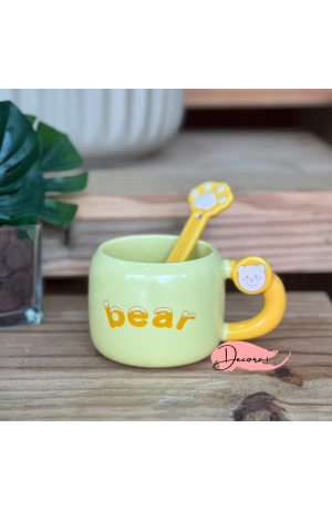 Caneca de Cerâmica Amarela c/ Colher - Urso 400ml