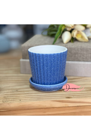Vaso de Cerâmica Texturizado com Prato Azul Escuro - 10cm X 10cm
