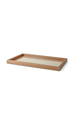 Bandeja de MDF c/ Fundo de Vidro e Rattan - 45cm x 27cm x 3cm