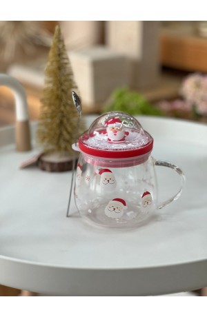 Caneca de Vidro com Colher e Tampa 400ml -  Papai Noel