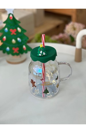 Copo de Vidro Furta-cor com Tampa Verde e Canudo 530ml - Noel