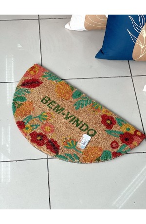 Tapete Capacho em Fibra de Côco Meia Lua -  Floral 33cm X 60cm
