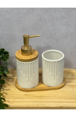 Kit de Banheiro Branco de Porcelana e Bambu - 3 Peças