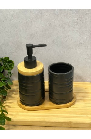 Kit de Banheiro Preto de Porcelana e Bambu - 3 Peças