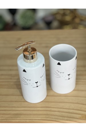 Kit de Banheiro Gatinho Branco c/ Dourado de Porcelana - 2 Peças