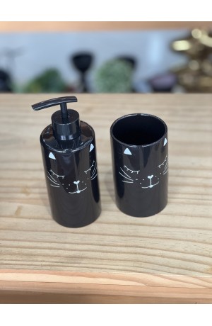 Kit de Banheiro Gatinho Preto de Porcelana - 2 Peças