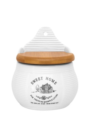 SALEIRO P/PAREDE DE CERAMICA C/TAMPA DE MADEIRA SWEET HOME 10X7,5X13CM REDONDO