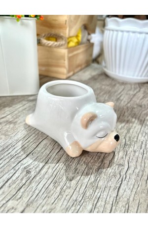 Cachepot Cachorro Branco Deitado