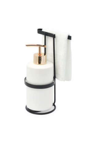 Porta Sabonete Liquido Branco com Suporte de Toalha em Metal e Porcelana