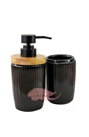  Jogo de Banheiro Preto com Tampa de Bambu 2 peças